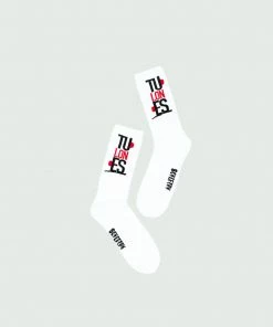 White, Red, & Black Tulones Stacked Logo Socks